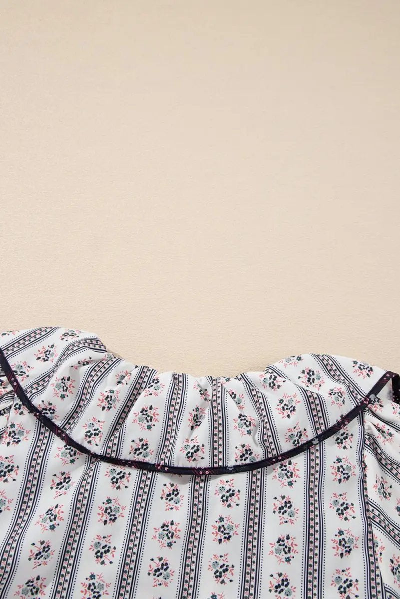 White Floral Ruffled Collar Short Puff Sleeve Blouse - Love Salve